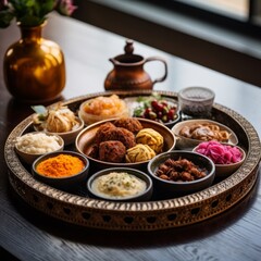 Ozoni, beautifully presented on a tray with various side dishes