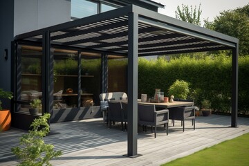 Stylish patio shelter with pergola, awning, garden lounge, chairs, metal grill and landscaping. Generative AI