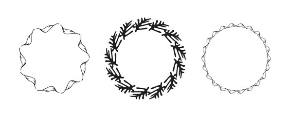 Fototapeta premium Wreath group in quirky vector style isolated on white background. Decorative frame collection for playful antique graphics. Monochrome ornate quirky illustration. 