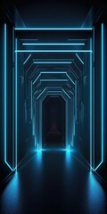Futuristic corridor with glowing neon blue lines lights, abstract background
