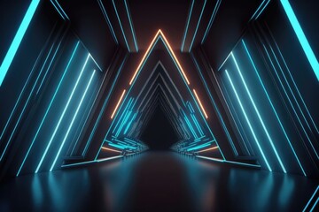 Abstract background with blue neon lights. perspective neon tunnel
