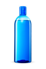 Blue shower gel or shampoo in transparent plastic bottle isolated. Transparent PNG image.
