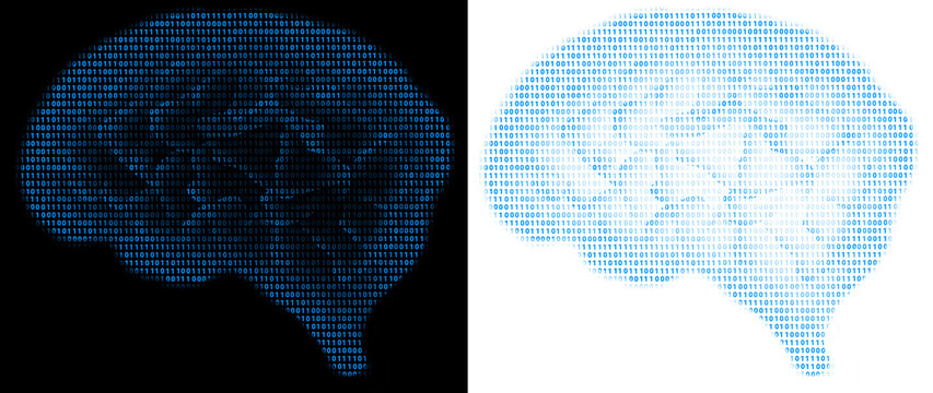 brain artificial intelligence concept with bit binary 1 0 blue glow transparent background