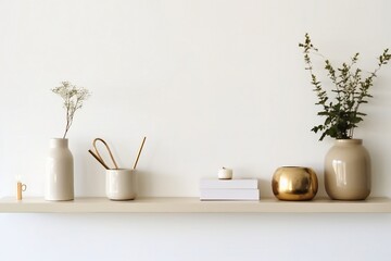 Minimalistic Scandinavian interior. Dishes on white shelves. White details in the interior. generative ai.
