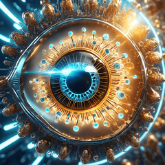 Create an abstract artwork of a cybernetic organism's eye, with radiant beams of light emanating from it.