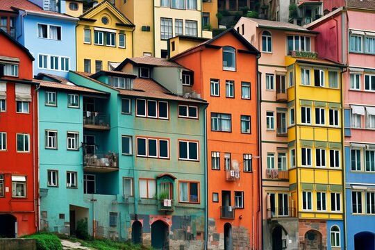Colorful buildings as wallpaper. Generative AI