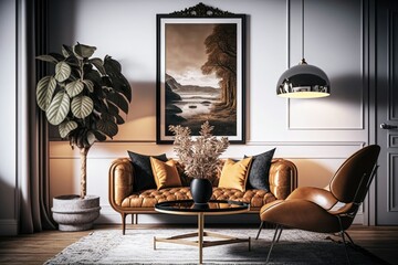 Living room interior with brown leather armchairs, coffee table, plant in vase and poster on wall. Mockup concept