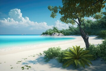 Tropical sandy beach with palm trees and blue sky