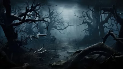 Photo sur Plexiglas Paysage fantastique halloween haunted forest spooky illustration horror fear, scary landscape, mist mystery halloween haunted forest spooky
