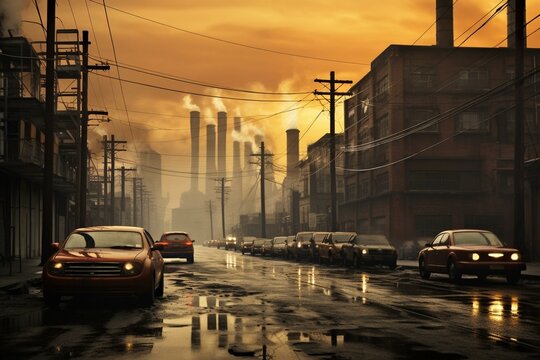 A Street With Cars And Smoke Coming Out Of Factory Stacks, Traffic Light On Foggy Day, Few Cars Driving On Street. Generative AI