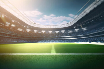 Soccer stadium with green grass and blue sky - obrazy, fototapety, plakaty