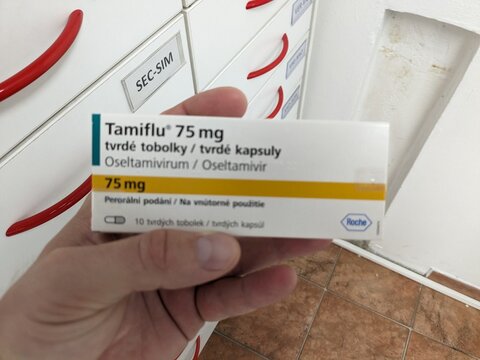 Prague,Czech republic- November 22 2023: Tamiflu medication. Tamiflu,active substance Oseltamivirum,Oseltamivir,Roche antivirotic teatment in Czech republic. Package of drug.