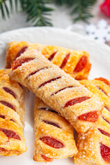 christmas sweet dessert puff bun strawberry filler holiday treat new year and christmas meal food snack on the table copy space food background rustic top view