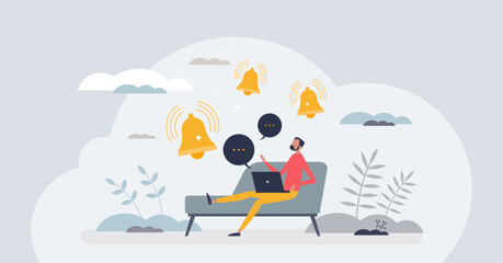 Daily notifications and focus mode to avoid distraction apps tiny person concept. Loud alarms for appointments, news and agenda receiving vector illustration. Anxiety and frustration from messages.