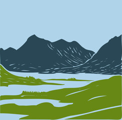 Landscape with mountains showcased in a clean vector style on the horizon