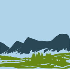 Landscape presented as a straightforward vector image with stunning mountains on the horizon