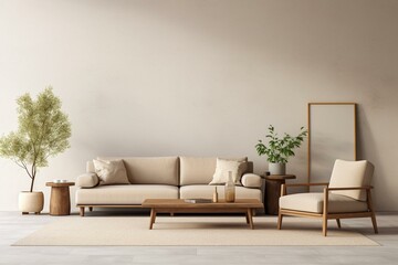 Fototapeta na wymiar Modern beige interior with sofa, armchair, blank wall, coffee table, and decor. Generative AI