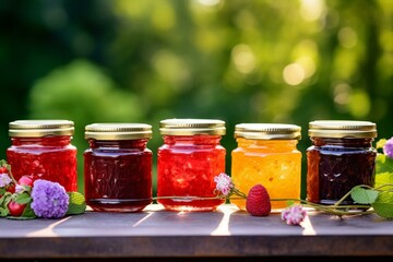 Fototapeta na wymiar Variety of fruity jams outdoors, with focused background. Natural, homemade, sweet treat. Generative AI