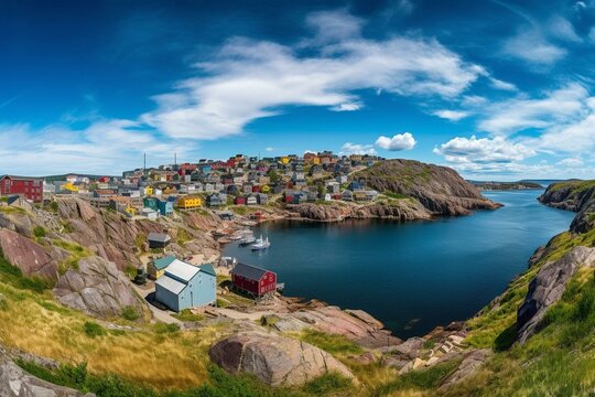 A stunning panoramic photo of the Battery community in St. John's Harbour, Newfoundland, capturing the picturesque beauty of Canada. Generative AI