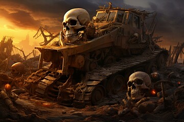 Apocalyptic scene with aged dozer and stack of skulls. Generative AI - obrazy, fototapety, plakaty
