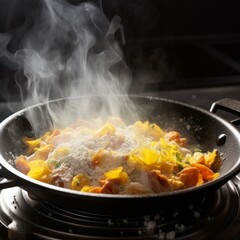 Oyakodon with steam rising from the hot bowl and egg gleaming under the natural light