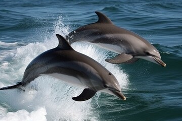 Dolphins leaping in the sea - stunning scenery. Generative AI