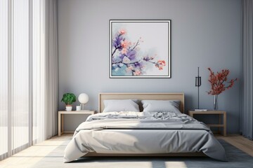 Mockup of frame in bedroom. Generative AI