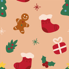 Christmas and New Year seamless pattern with Christmas tree toys and gifts. Fashionable retro style. Vector illustration
