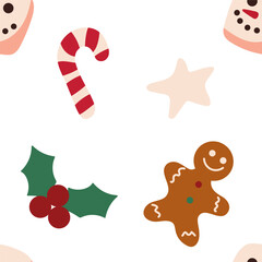 Christmas and New Year seamless pattern with Christmas tree toys and gifts. Fashionable retro style. Vector illustration