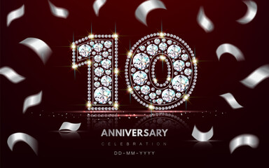 Birthday 10th Anniversary Banner made of Diamond Jewelry and Serpentine Confetti. 3d realistic illustration. Vector.