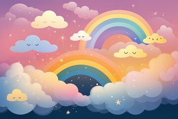 Illustration of colorful sky with adorable rainbow clouds and stars, ideal for a baby shower. Generative AI