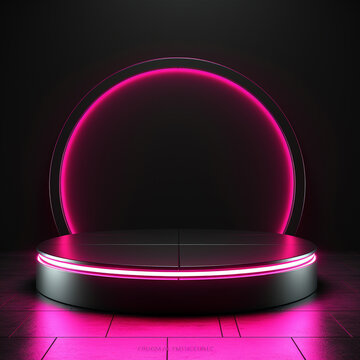 Black Friday Sale Concept. Circle Black Podium, Decoration With Neon Light White Round Design On Dark Background, Ai Technology