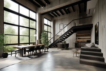 House with loft-style design, raw concrete beams, columns, stoneware floors, and black metal windows. Generative AI
