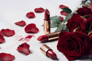 Obraz na płótnie Canvas Red lipstick and roses on a white backdrop. Generative AI
