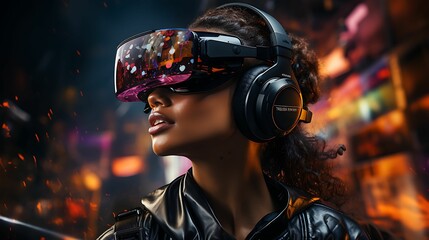 A person wearing a VR headset, standing in a field of blooming flowers, interacting with augmented reality elements. 