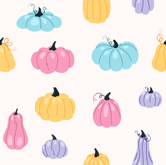 Seamless pattern with pumpkins concept. Repeating design element for printing on fabric. Colorful vegetables. Natural and organic products. Vegetable and harvest. Cartoon flat vector illustration