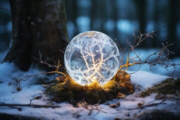A magical snow-covered quartz ball in a serene winter setting, ideal for solstice and yule rituals. Generative AI - obrazy, fototapety, plakaty