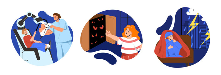 Set of scared children. Boys and girls with dark. Fear and horror. Fantasy and imagination. Kids hiding from shadows and ghosts. Cartoon flat vector collection isolated on white background