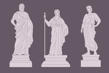 Ancient historic monuments classical greece culture, greek statue roman set. Cartoon antique statues. Vector illustration of antique greece historical monument - obrazy, fototapety, plakaty