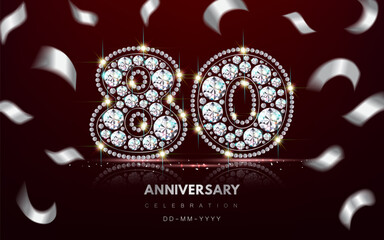Birthday 80th Anniversary Banner made of Diamond Jewelry and Serpentine Confetti. 3d realistic illustration. Vector.