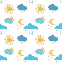 Pattern of painted weather clouds sun rain lightning star and moon for designing clothes, t-shirts, fabric, gifts, packaging