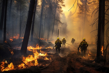 Firefighters put out a fire in the forest - obrazy, fototapety, plakaty
