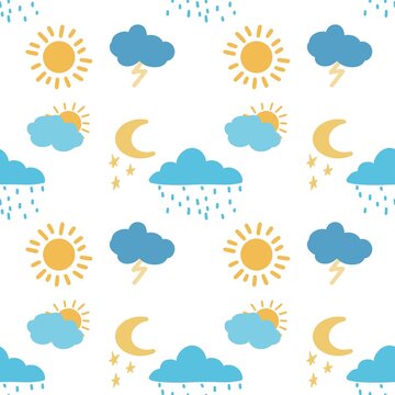 Pattern of painted weather clouds sun rain lightning star and moon for designing clothes, t-shirts, fabric, gifts, packaging