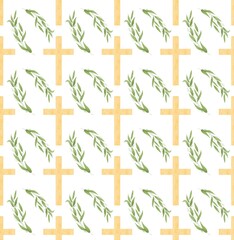 Christian picture on the theme of crista. Pattern of crosses and green sprig for design of postcards, books, gifts, web design. Illustration of cross of Jesus Christ flat pattern on wihte back