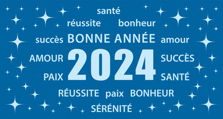 Bonne année 2024 ! Carte de vœux en français. Bannière vectorielle tons de bleu. Flat design.
