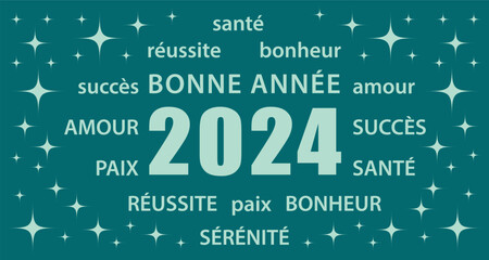 Bonne année 2024 ! Carte de vœux en français. Bannière vectorielle bleue canard turquoise. Flat design.