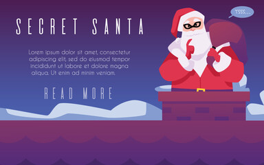 Secret santa with gift bag in mask on the roof in chimney, vector Santa Claus delivering present, happy new year landing