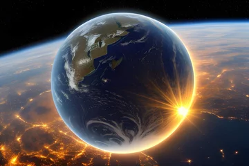 Foto op Canvas 星々がちりばめられた宇宙から見た壮大な地球、太陽の光が地球を照らす © sky studio