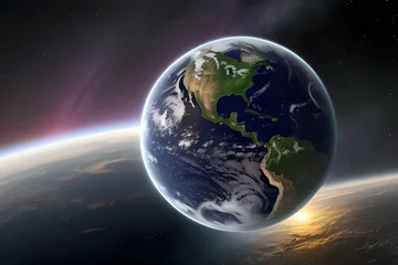 Fotobehang 星々がちりばめられた宇宙から見た壮大な地球、太陽の光が地球を照らす © sky studio