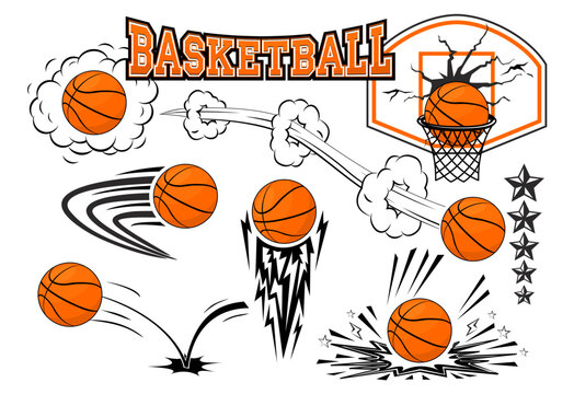 Flying basketball ball icons set in comic style. Basketball banner, poster template. Vector on transparent background